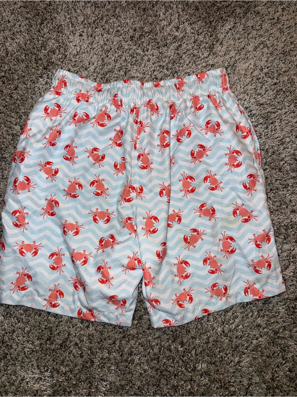 Youth Sz 10 - Crab Print Swim Shorts - White & Light Blue with Red Crabs